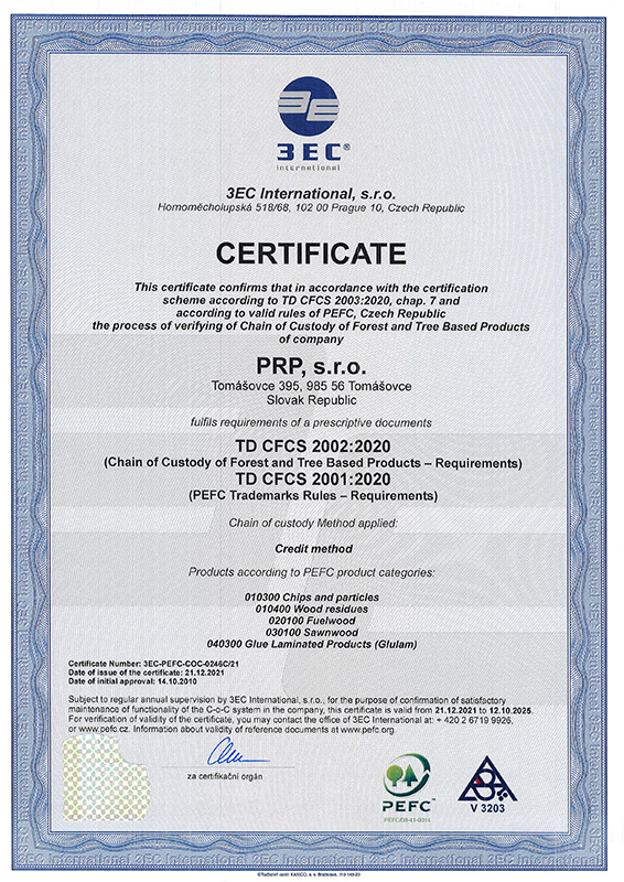 Certifikát PEFC ST 2002:2013