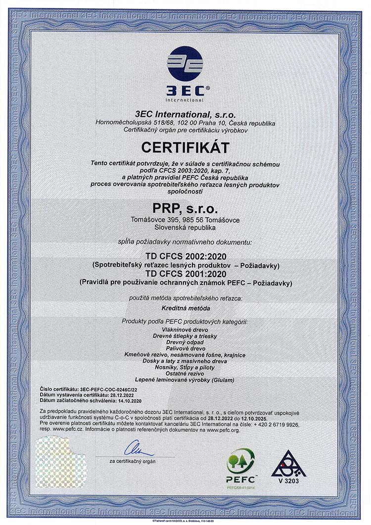 Certifikát PEFC ST 2002:2013